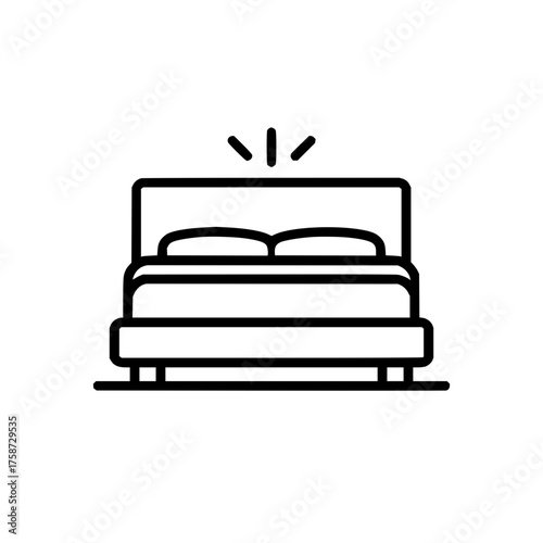 Illustration of a bed with pillows and a headboard in a simple outline style drawing in black color
