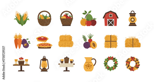 Autumn harvest icons: festive fall symbols and seasonal farm elements