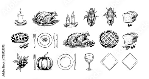 Thanksgiving feast elements: hand drawn food, decorations, and tableware set