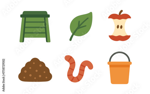 Flat icons of composting elements: bin, leaf, apple core, soil, worm, bucket