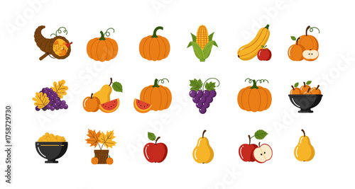 Autumn harvest collection featuring pumpkins, corn, apples, grapes and more
