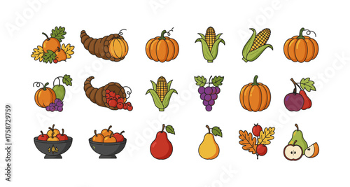 Colorful autumn harvest collection featuring cornucopia, pumpkins, and seasonal fruits