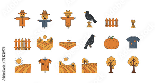 Autumn symbols collection: scarecrows, crows, fields, and trees in modern outline style