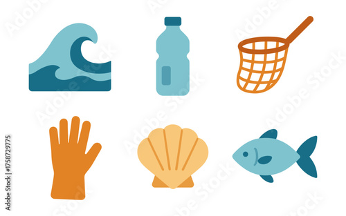 Minimalist ocean conservation icons: wave, plastic bottle, marine life, and more