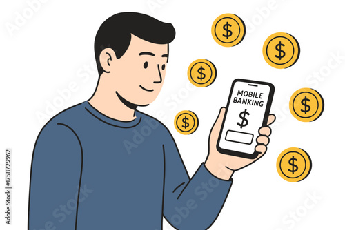 Man using mobile banking app with floating dollar coins
