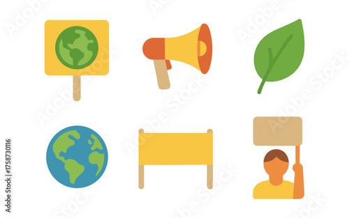 Environmental awareness icons set featuring earth, megaphone, leaf, and protest symbols