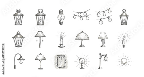 Hand-drawn collection of vintage and modern lighting designs for creative projects
