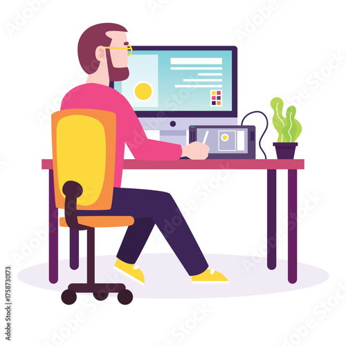 Creative graphic design studio workspace layout with tools and elements
