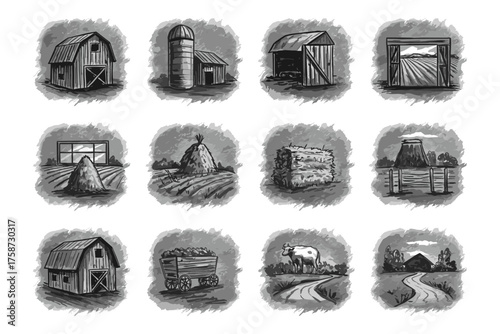 Vintage farm structures and rural landscapes in monochrome sketch style