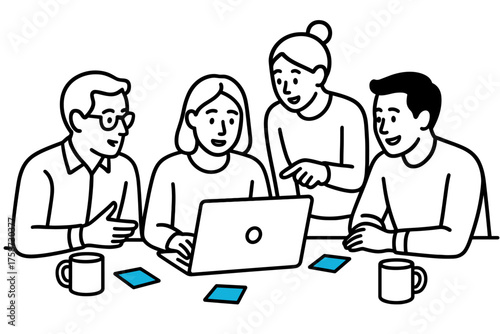 Team collaboration in the office: diverse group engaged around laptop in a flat design