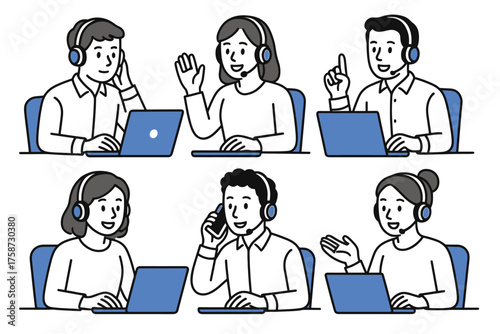 Customer support team communicating with headsets and laptops in flat style