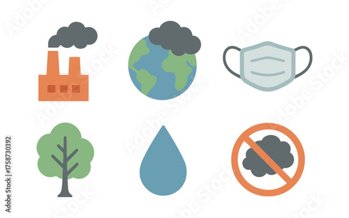 Environmental awareness icons set: pollution, health, sustainability in flat design
