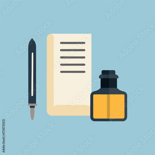 minimal vector of fountain pen with ink bottle beside open notebook