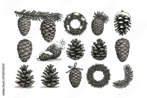Set of hand-drawn pine cones and evergreen branches for seasonal designs