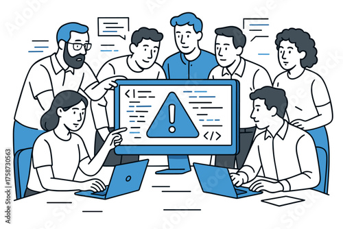 Team collaboration on software development with error debugging in modern office
