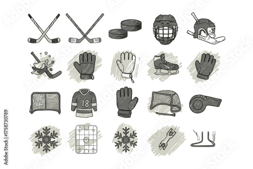 Monochrome hockey icons set featuring equipment and rink elements