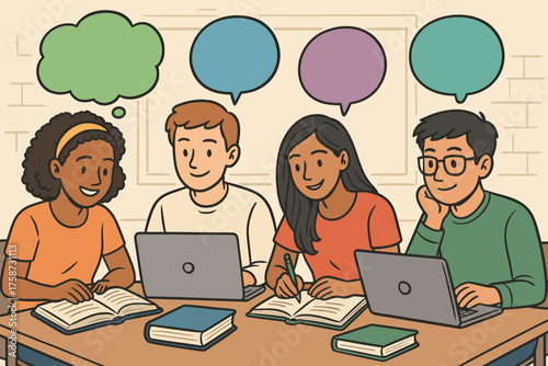 Students collaborating in group study with laptops and books in classroom