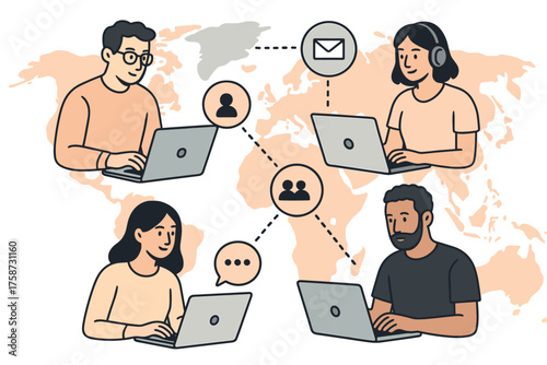 Global collaboration concept with people working remotely on laptops