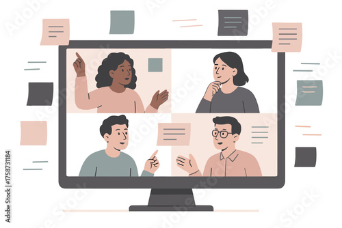 Virtual team meeting concept with diverse participants on computer screen