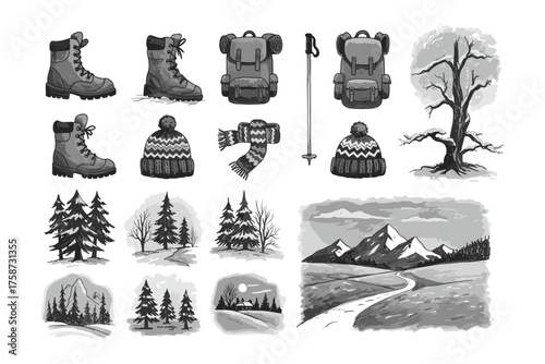 Monochrome winter hiking gear and mountainscape with scenic trees