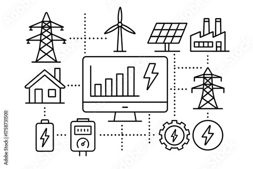 Renewable energy network diagram with power generation and distribution icons