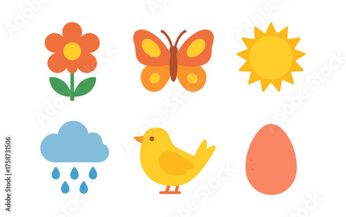 Colorful springtime icons: flower, butterfly, sun, cloud, chick, egg