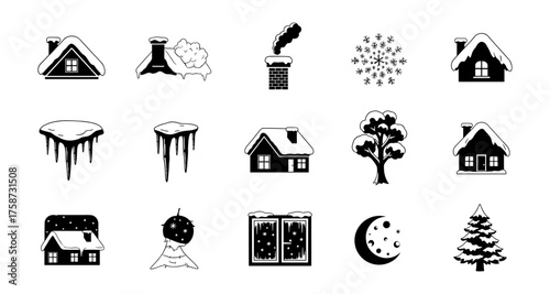 Winter icons collection: snow-covered roofs, frosty trees, and festive symbols