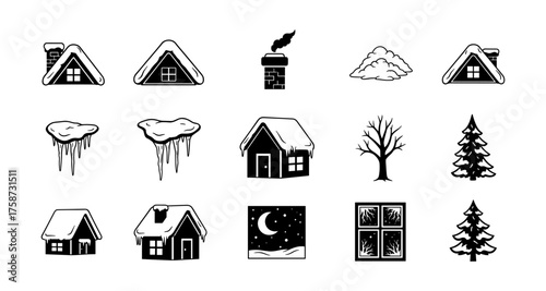 Winter icons set: snowy houses, trees, and cold weather symbols