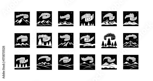 Minimalist night sky series with northern lights and mountain silhouettes