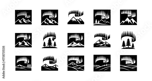 Black and white nature landscape designs with northern lights