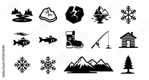 Winter outdoor icons: fishing, snowflakes, and mountains in black silhouette style