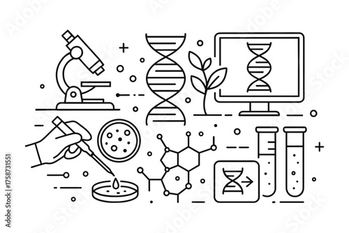 Linear scientific research icons featuring dna, microscope, and lab equipment in black and white