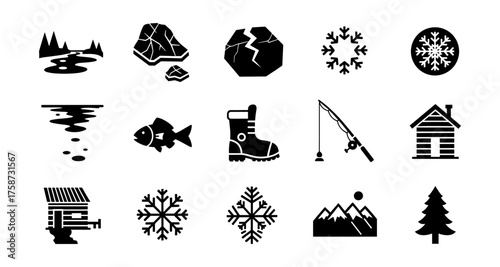 Winter camping adventure icons: snowflakes, hiking, and fishing symbol set