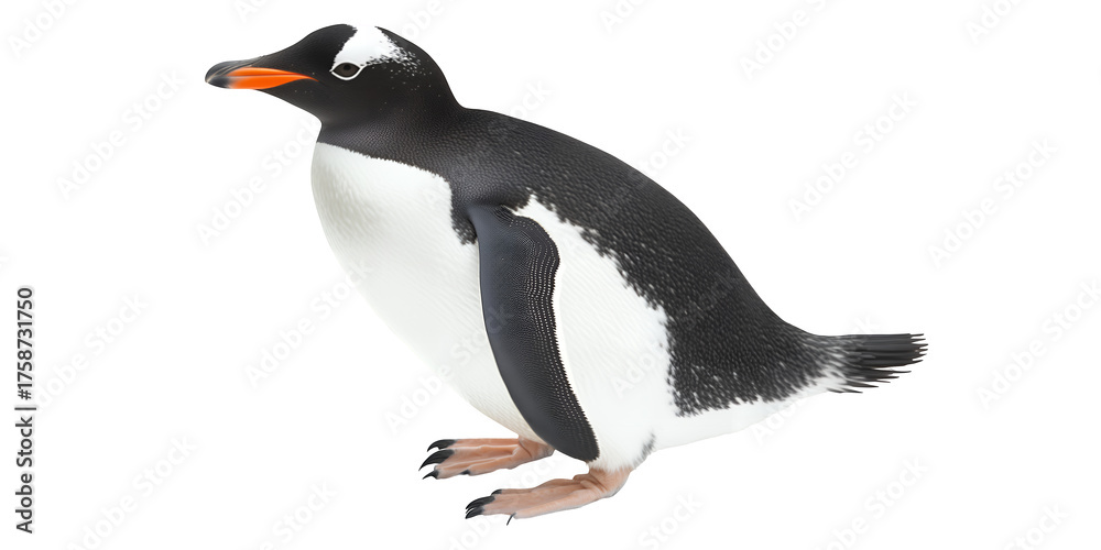 Fototapeta premium Gentoo penguin facing left with bright orange beak and white markings on its head