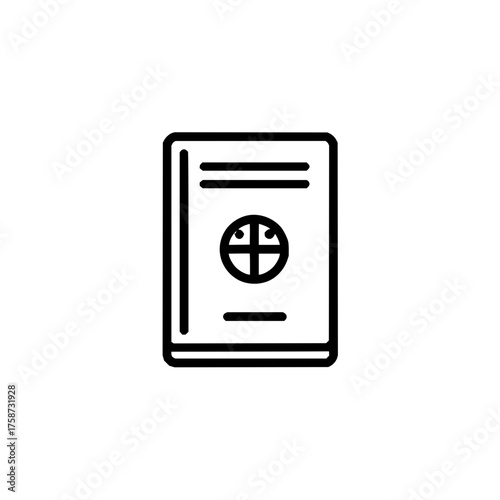 Illustration of a closed book with horizontal lines and a circle containing a cross design on the cover