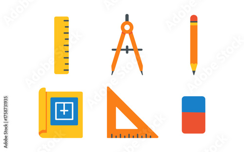 Flat design school supplies: ruler, compass, pencil, notebook, triangle, eraser icons