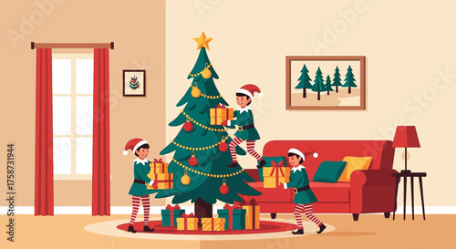 Festive Elves Decorating Christmas Tree with Presents.
