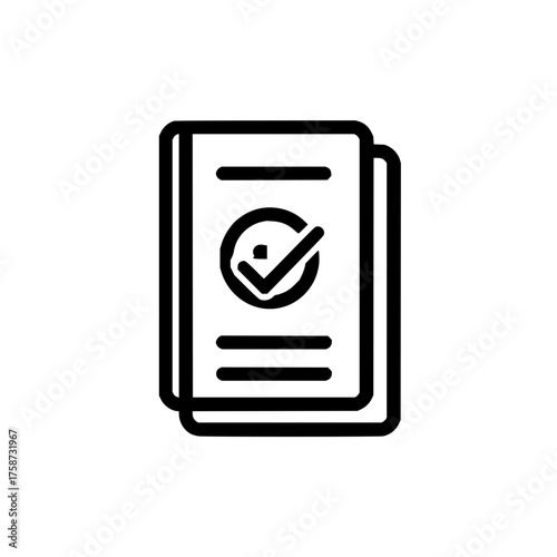 Two documents stacked with a check mark inside a circle on the top document in black outline style