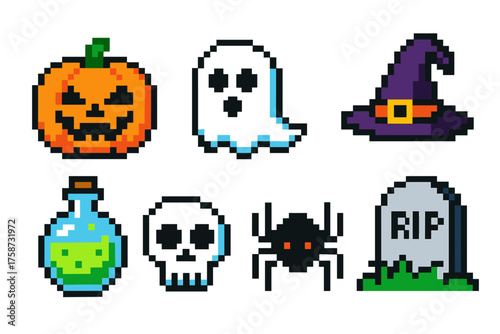 Retro pixel art halloween icons featuring ghost, skull, and spider