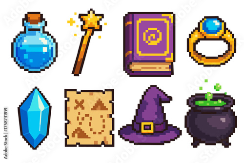 Pixel art fantasy icons set featuring magical items and wizardry essentials