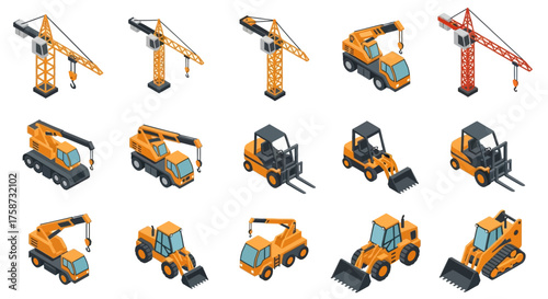 Isometric construction vehicles and cranes set.