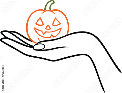 Hand holding pumpkin – Halloween line art illustration