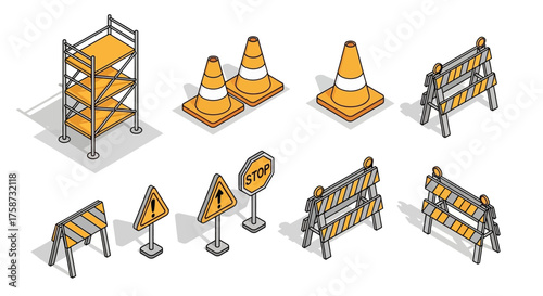 Isometric construction site elements: scaffolding, cones, barriers, and signs.