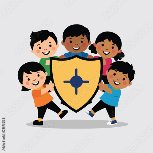 Flat minimal vector for World Polio Day featuring vaccine, ribbon, healthy children & global unity — public health awareness in solid color style