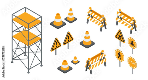 Isometric construction vehicles: cranes, loaders, excavators, and forklifts.