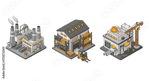 Isometric illustrations of a factory, warehouse, and construction site, showcasing industrial and logistical activities.