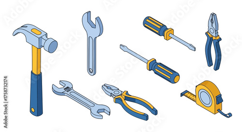 Isometric illustration of various hand tools, including hammer, wrenches, screwdrivers, pliers, and tape measure.