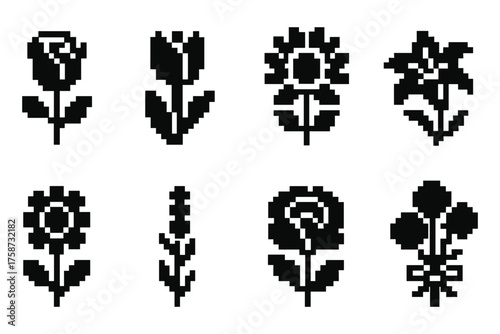 Pixel art floral icons: tulip, rose, sunflower, lily, and more in retro black and white style