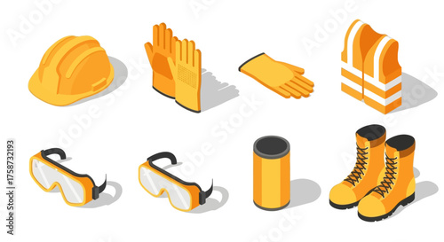 Isometric illustration of safety equipment including hard hat, gloves, goggles, vest, boots, and canister.