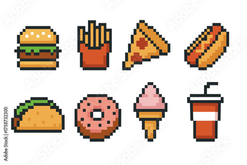 Retro pixel art fast food collection featuring burgers, pizza, and ice cream